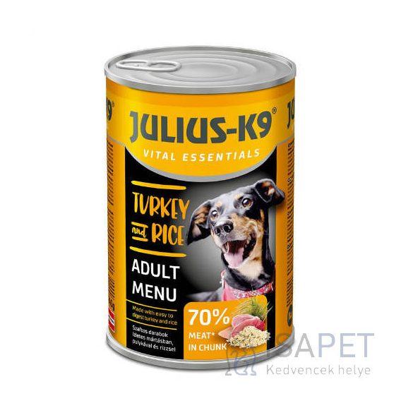 Julius-K9 Turkey & Rice szaftos húsdarabok ízletes mártásban konzerv kutyáknak 1,24kg